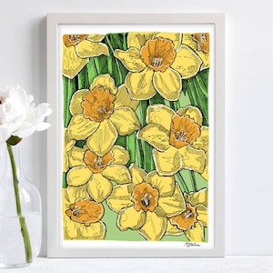 Estampado de tulipanes, estampado de flores amarillas, estampado floral, dibujo lineal, estampado primaveral, amarillo y verde, estampado brillante, ilustración floral, decoración del hogar