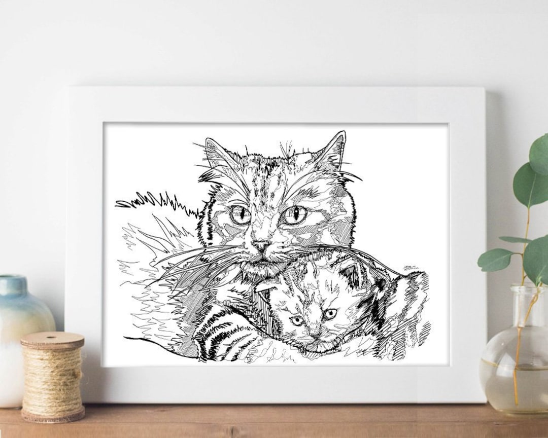 Mother Cat and Kitten Print Line Drawing Black Lines Etsy