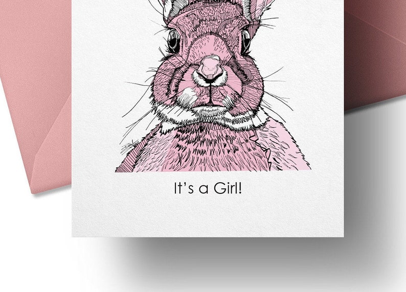 Girl reveal card baby shower card rabbit line drawing Girl rabbit bunny card it/'s a Girl greeting card pink rabbit drawing baby gift