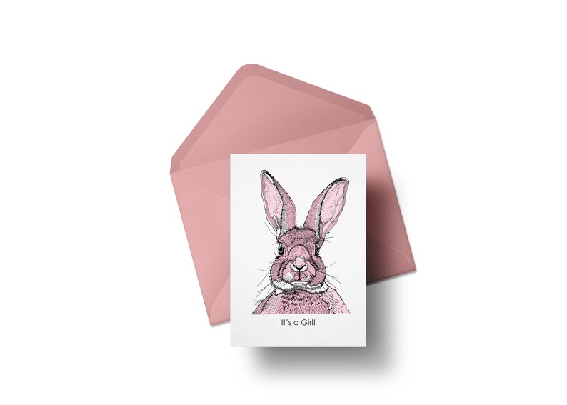 Girl reveal card baby shower card rabbit line drawing Girl rabbit bunny card it/'s a Girl greeting card pink rabbit drawing baby gift
