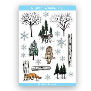 Winter Woodland patroon planner stickers, laptop sticker, notebook stickers, bos dieren illustraties, Wolf sticker, forest tekening, A6