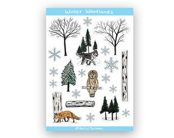 Winter woodland pattern planner stickers, laptop decal, notebook stickers, woodland animals illustrations, wolf sticker, forest drawing, A6