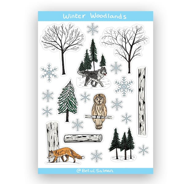 Winter woodland pattern planner stickers, laptop decal, notebook stickers, woodland animals illustrations, wolf sticker, forest drawing, A6