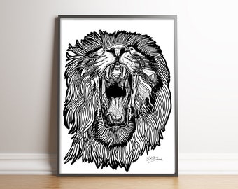 Roaring Lion Drawing Etsy