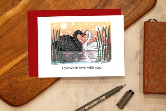 Sunset Love Swans card, Valentine's card, swan illustration, Anniversary and Wedding card, Personalized card, A6 greeting card, custom card