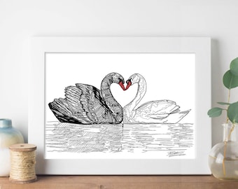 Love Swans in sunset Print, Swans Print, Valentines Home Decor, sunset wall art, lake drawing, line drawing, Swan illustration, love birds