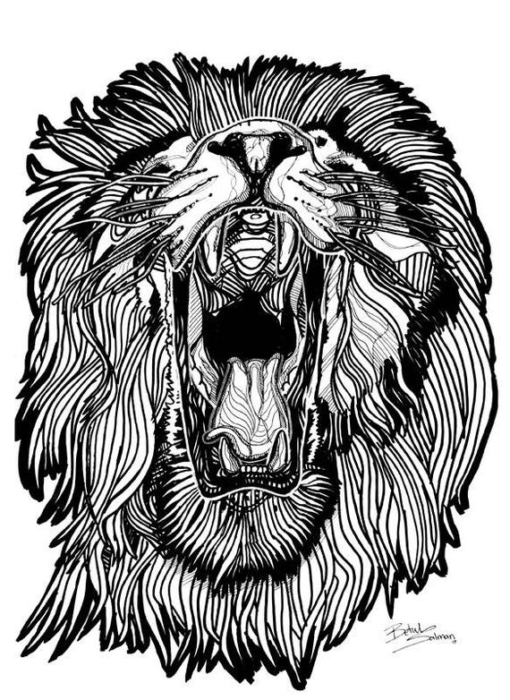 Roaring Lion Line Drawing Large Hand Drawing Scary Lion Dorm Room Decor Wall Decor Fine Liners Drawing A2 Artwork