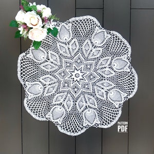 Pattern for crochet doily with tulips, large doilies crochet pattern, round tablecloth doily, PDF Instant Download