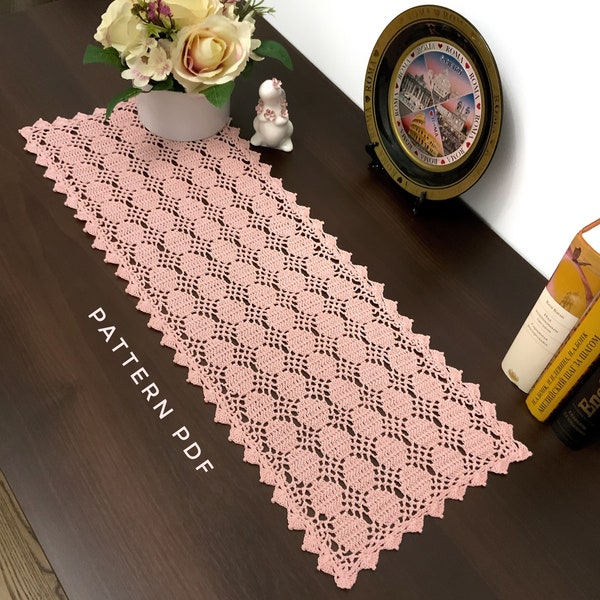 Crochet table runner pattern, pink crochet doily pattern, handmade vintage table runner, PDF crochet pattern