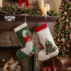 Christmas Stocking Crochet Pattern PDF, Vintage Goose Holiday Decor, DIY Festive Wall Hanging, Retro Christmas Decoration, Detailed Tutorial