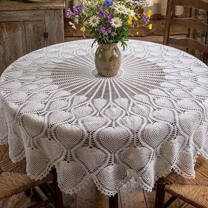 May include: A white, round crochet tablecloth with a heart-shaped pattern covers a wooden table. A vase of colorful flowers sits in the center. The tablecloth is approximately 60 inches in diameter.
