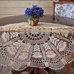 May include: A cream-coloured, round, crocheted tablecloth with a floral pattern, covering a table. A small woven basket with blue flowers is on top. A wooden chair with a floral back is in the background.