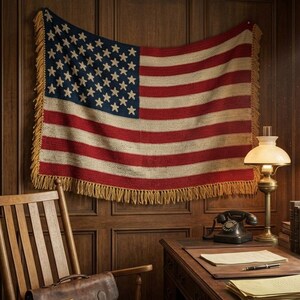May include: A rectangular crochet wall hanging featuring the American flag design with a dark blue canton containing white stars, alternating red and off-white horizontal stripes, and a decorative tan fringe along the bottom and side edges.