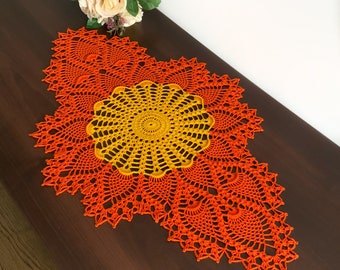 Orange oval table runner, pineapple doilies, lace crochet doilies, yellow crochet doily, table decor