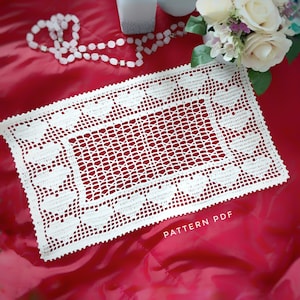 Heart table runner filet crochet pattern, doilies and table runners, crochet table center vintage pattern in PDF