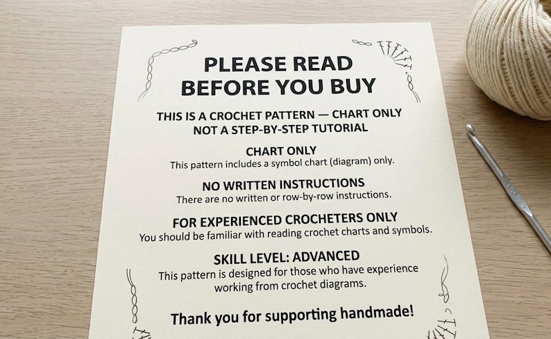 May include: A printed paper with the text "PLEASE READ BEFORE YOU BUY" and other crochet pattern details. A ball of yarn and a crochet hook are in the background. The pattern is for experienced crocheters.