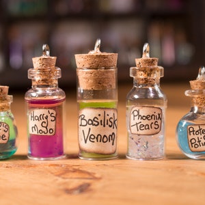 May include: Five small glass bottles with cork stoppers and labels. The labels read "Wolf's Bane", "Harry's Mojo", "Basilisk Venom", "Phoenix Tears", and "Protego Potion".