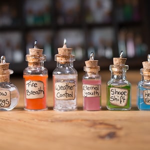 May include: Seven small glass bottles with cork stoppers and labels. The labels have handwritten text, including "Grow Wings", "Fire Breath", "Weather Control", "Eternal Youth", "Shape Shift", and "Healing Potion".
