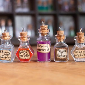 May include: Five small glass bottles with cork stoppers and labels. The labels are handwritten and say "Potion of Water Breathing", "Potion of Strength", "Potion of Weakness", "Potion of Harming", and "Potion of Invisibility".