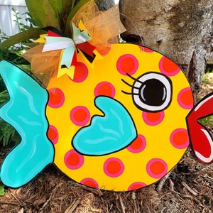 Colorful summer Polka dot fish wood front door hanger!   Free shipping!