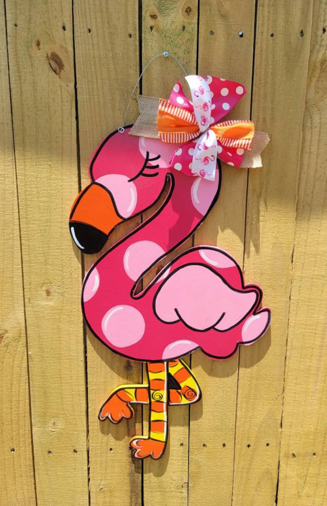 Flamingo Door Hanger Pink Polka Dot Flamingo Painted Wood Front Door