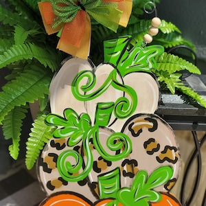 Happy Fall Three Stacked Pumpkins Orange, Cream and leopard Wood Door Hanger, pumpkin wood door hanger