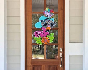 ¡Fantástico flamenco con gafas de sol de leopardo! Percha de puerta de bienvenida, corona, percha de puerta de verano, percha de puerta personalizada