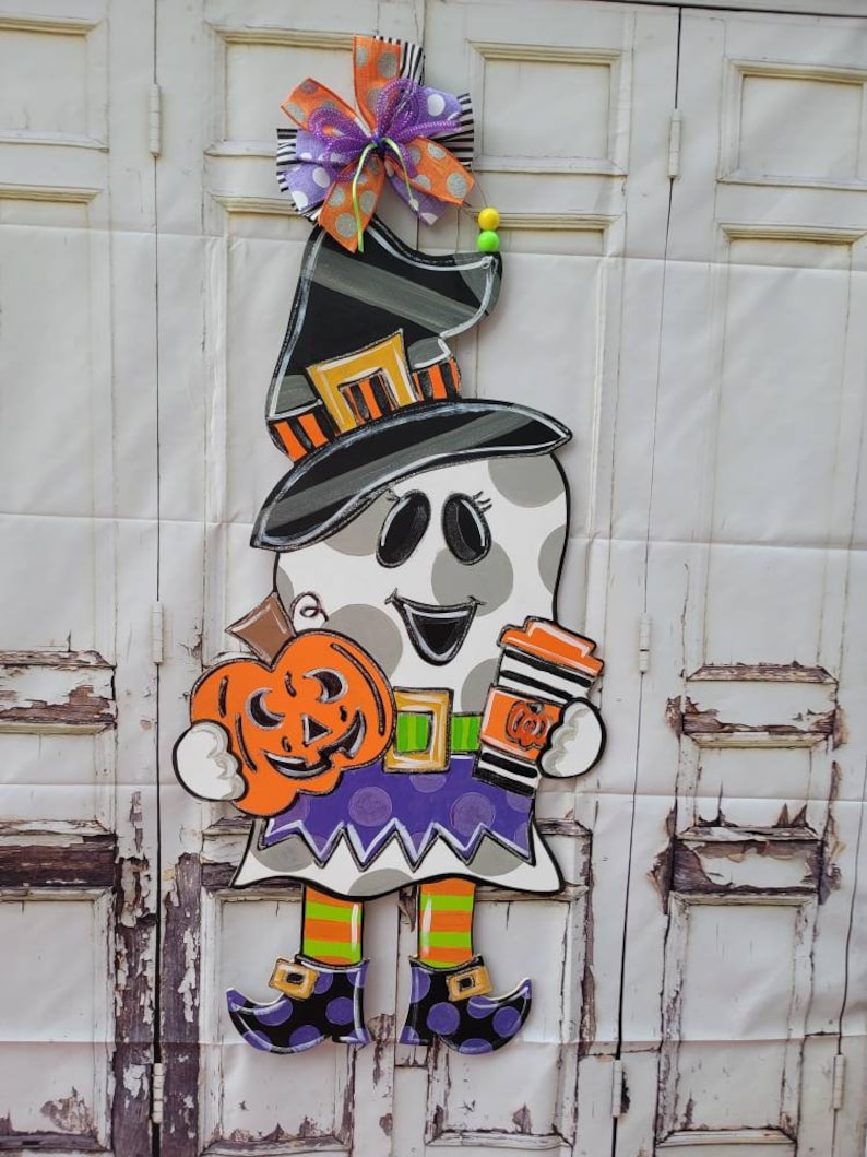 Halloween Ghost Wood Door Hanger Ghost With Coffee Super - Etsy