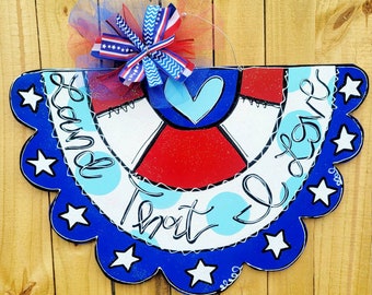 4th of July Independence  Day painted wood front door Welcome hanger sign!  Free shipping! Red white and blue flag