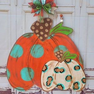 Large 22 x 23 Fall Double Pumpkins, Polk a Dots, stripes and Leopard print Wood Door Hanger, pumpkin wood door hanger