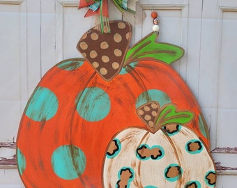 Large 22 x 23 Fall Double Pumpkins, Polk a Dots, stripes and Leopard print Wood Door Hanger, pumpkin wood door hanger