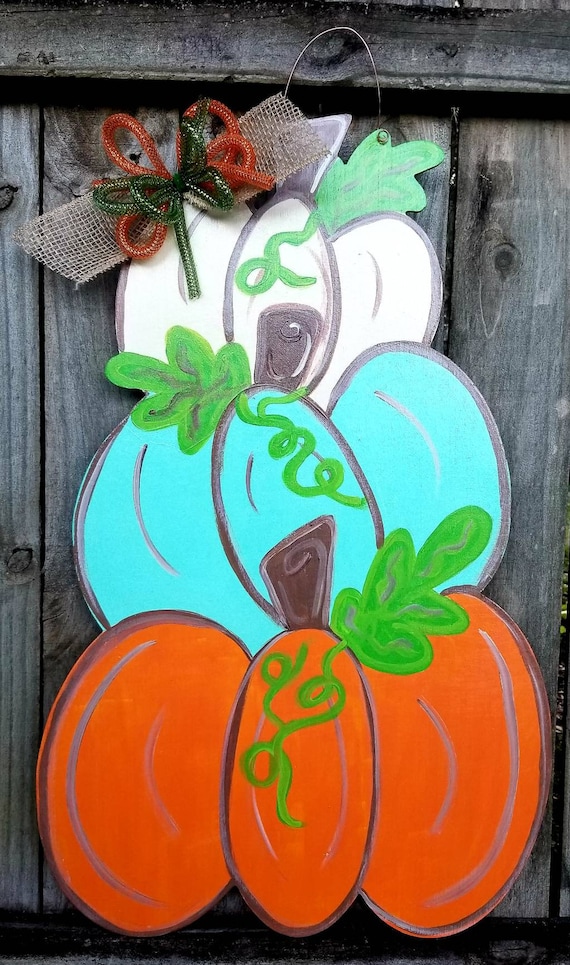 Happy Fall Three Stacked Pumpkins, cream orange and teal Wood Door Hanger, pumpkin wood door hanger