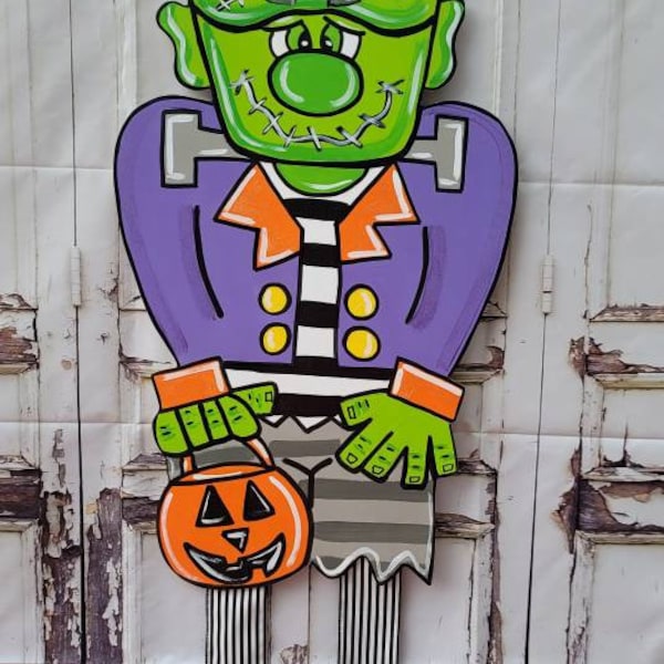 Halloween Door Hanger, 40x15, Frankenstein Door Hanger - Halloween Decorations - ribbon legs- Halloween Wreath - Frank