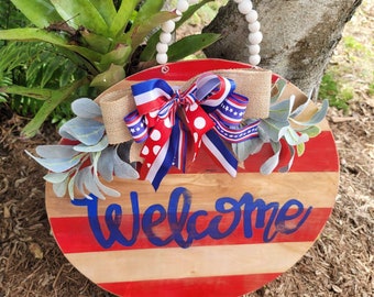4th of July Independence  Day painted wood front door Welcome hanger sign!  Free shipping!