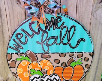 Large round Fall Pumpkins, orange pumpkins, teal fall, Wood Door Hanger, pumpkin wood door hanger, Fall porch decorations, teal and leopard