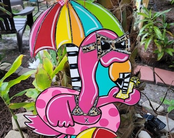 Pink Polka Dot Flamingo painted wood front door Welcome hanger sign!  Free shipping!