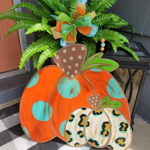 Large 22 x 23 Fall Double Pumpkins, Polk a Dots, stripes and Leopard print Wood Door Hanger, pumpkin wood door hanger