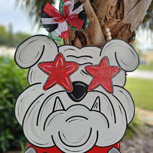 Bulldog head - glitter star eyes 22x25 wood door hanger,  football porch, glitter eyes, tailgate decor
