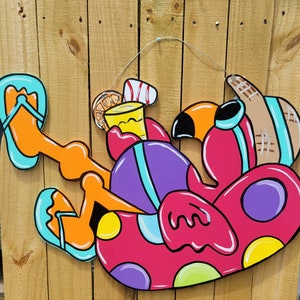 26 x 20 Large Pool raft flamingo with a drink! Welcome Door Hanger, Wreath, Summer Door Hanger, Custom Door Hanger