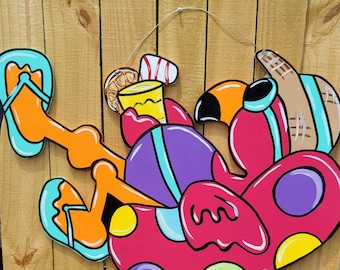 26 x 20 Large Pool raft flamingo with a drink! Welcome Door Hanger, Wreath, Summer Door Hanger, Custom Door Hanger
