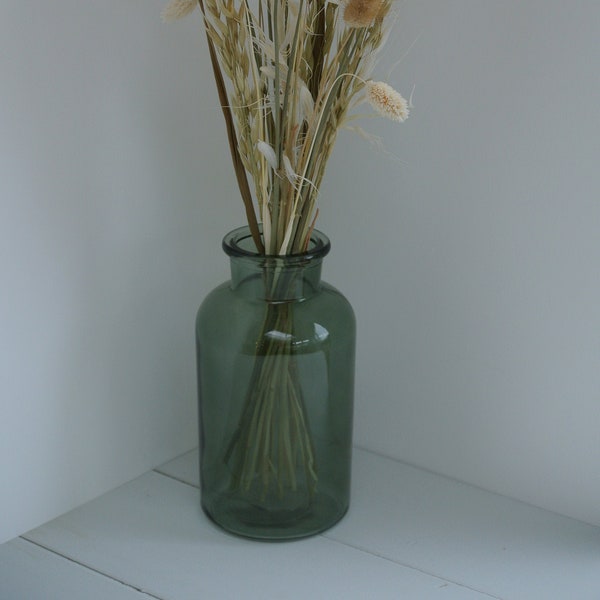 Green glass vase, Green glass bottle, green vintage glass bottle, Rustic bottle vase, dried flower vase, milk bottle, retro vase, green vase
