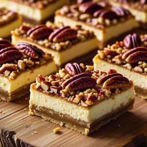 Op de afbeelding: Verschillende plakjes pecantaartrepen zijn gerangschikt op een houten snijplank. Elke reep heeft een gelaagde uitstraling met een korst, een romige vulling en een topping van pecannoten en gehakte noten. De repen zijn goudbruin en beige.