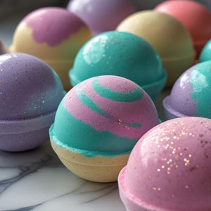 Könnte beinhalten: Eine Sammlung bunter Badebomben in verschiedenen Pastelltönen, darunter Lila, Rosa, Gelb und Türkis. Einige Badebomben haben Glitzerakzente und Wirbeldesigns. Die kugelförmigen Badebomben sind auf einer Marmoroberfläche angeordnet.