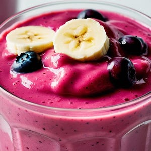 La mejor receta de batido de plátano y bayas, batido saludable para el desayuno, tarjeta de receta imprimible, receta de batido fácil, opción vegana