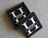 Custom Coasters, Leather Coasters set of 6 with holder, family name monogramed coaster set