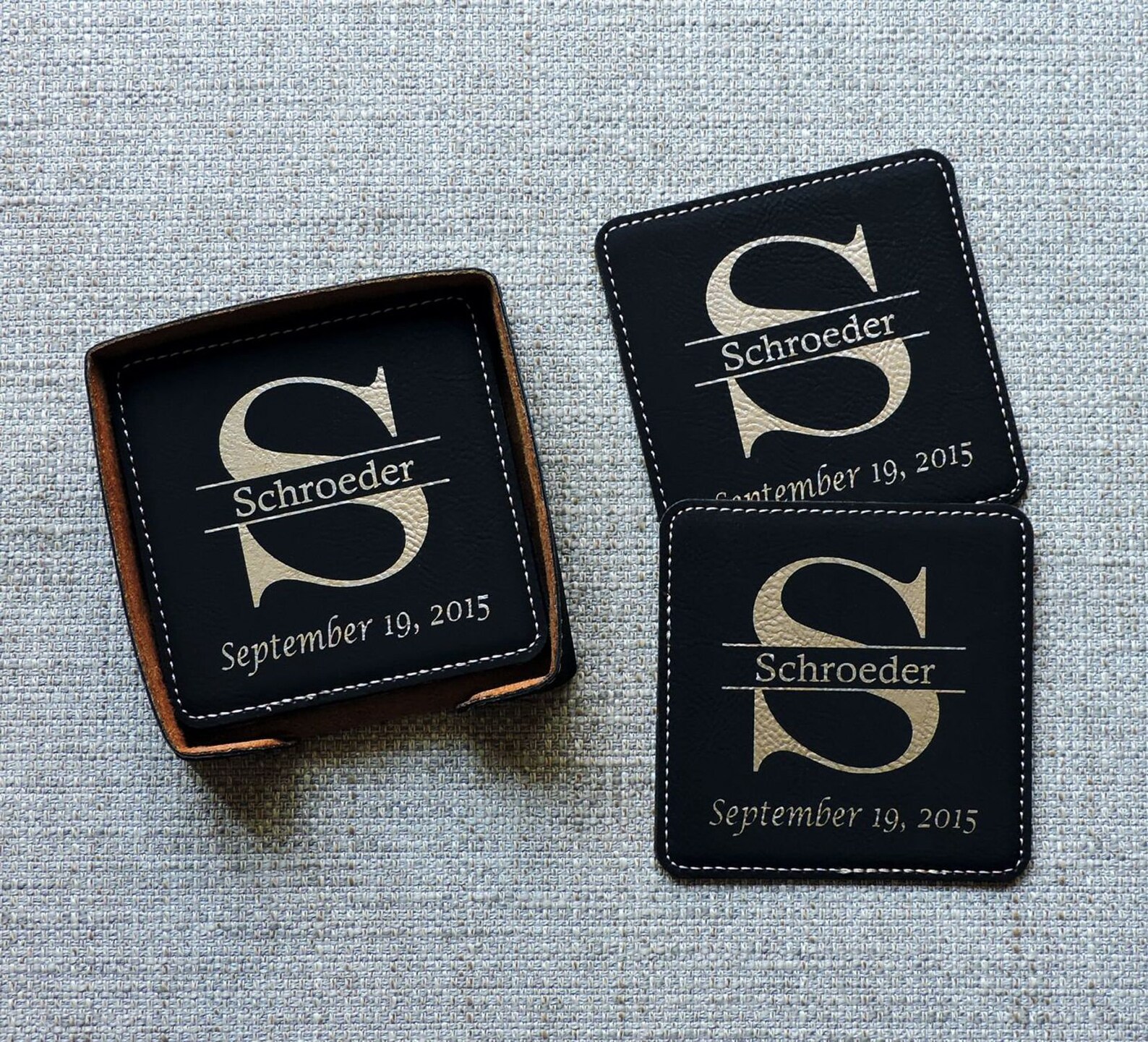 Black Leather 3rd anniversary Coasters Monogramed Family Name Etsy