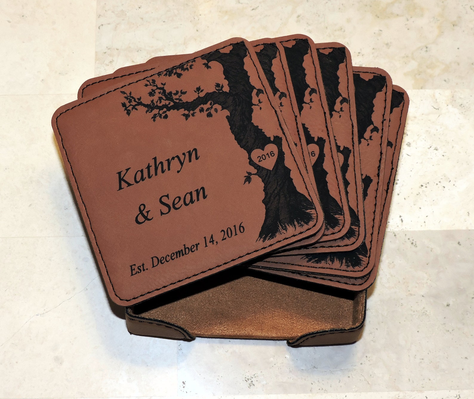 Black Leather 3rd anniversary Coasters Monogramed Family Name Etsy