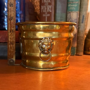 May include: A polished brass planter featuring a lion head motif with a ring handle on the front. A wooden ruler placed vertically against the side indicates a height of approximately 13 cm. The container has a cylindrical shape with horizontal ridges.