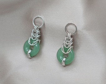 Jade earrings, Jade Donuts pendant earrings, Green gemstone stud earrings, Byzantine chainmail earrings, Nephrite Jade silver earrings