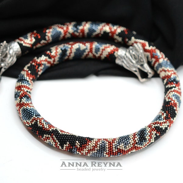 Beaded Crochet Necklace Dragon, Red & Black Rope necklace, Choker Dragon, Dragon Rope jewelry, Snake Seed Bead Necklace Red, Ouroboros, gift